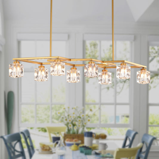 Crystal  Chandelier for Dining Room, 8-Light Kitchen Chandelier Light Fixture Modern Metal Industrial  Chandeliers for Farmhouse Entryway Living Room--Matte Gold (8*G9 Bulbs Included)