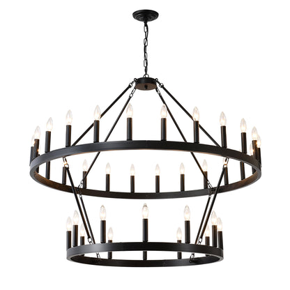 2 Tiers Wagon Wheel Chandelier Wooden Farmhouse 36-Light(24+12) or (12+24 ), Black Metal Chandeliers 2-Story  Light Fixtures Industrial for High Ceiling Living Dining Room Foyer. Adjustable Height