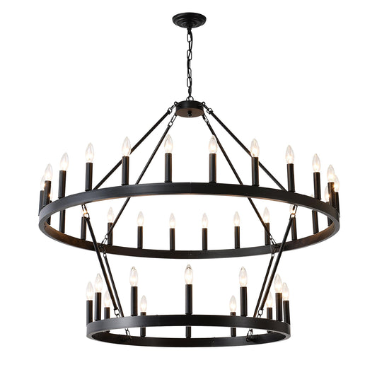 2 Tiers Wagon Wheel Chandelier Wooden Farmhouse 36-Light(24+12) or (12+24 ), Black Metal Chandeliers 2-Story  Light Fixtures Industrial for High Ceiling Living Dining Room Foyer. Adjustable Height