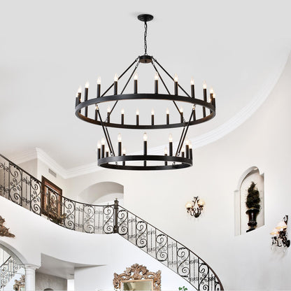 2 Tiers Wagon Wheel Chandelier Wooden Farmhouse 36-Light(24+12) or (12+24 ), Black Metal Chandeliers 2-Story  Light Fixtures Industrial for High Ceiling Living Dining Room Foyer. Adjustable Height