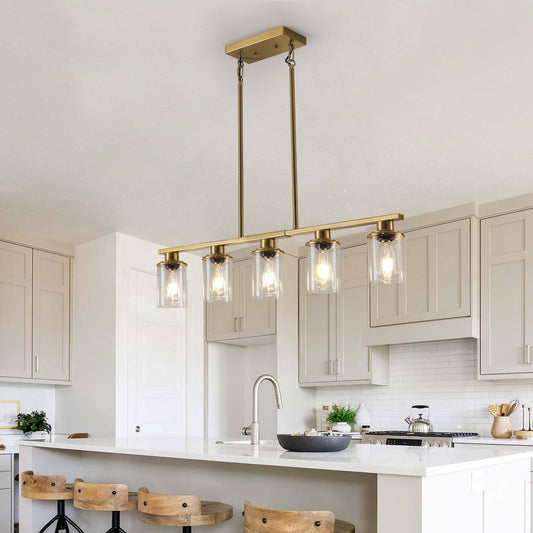 37" Modern Industrial 5-Light Chandelier with Clear Glass Shades, Golden Metal Frame Hanging Ceiling Light Fixture for Dining Room, Kitchen Island, Living Room (No Bulbs)