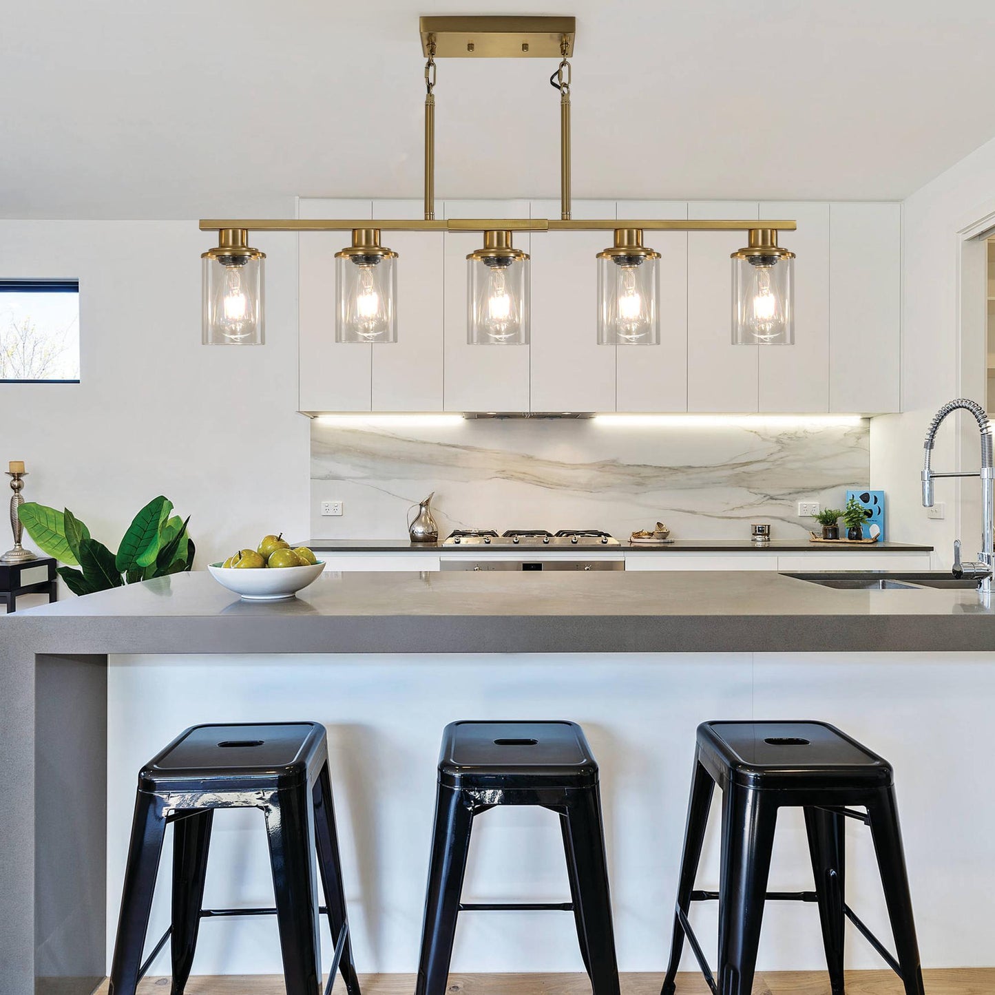 37" Modern Industrial 5-Light Chandelier with Clear Glass Shades, Golden Metal Frame Hanging Ceiling Light Fixture for Dining Room, Kitchen Island, Living Room (No Bulbs)