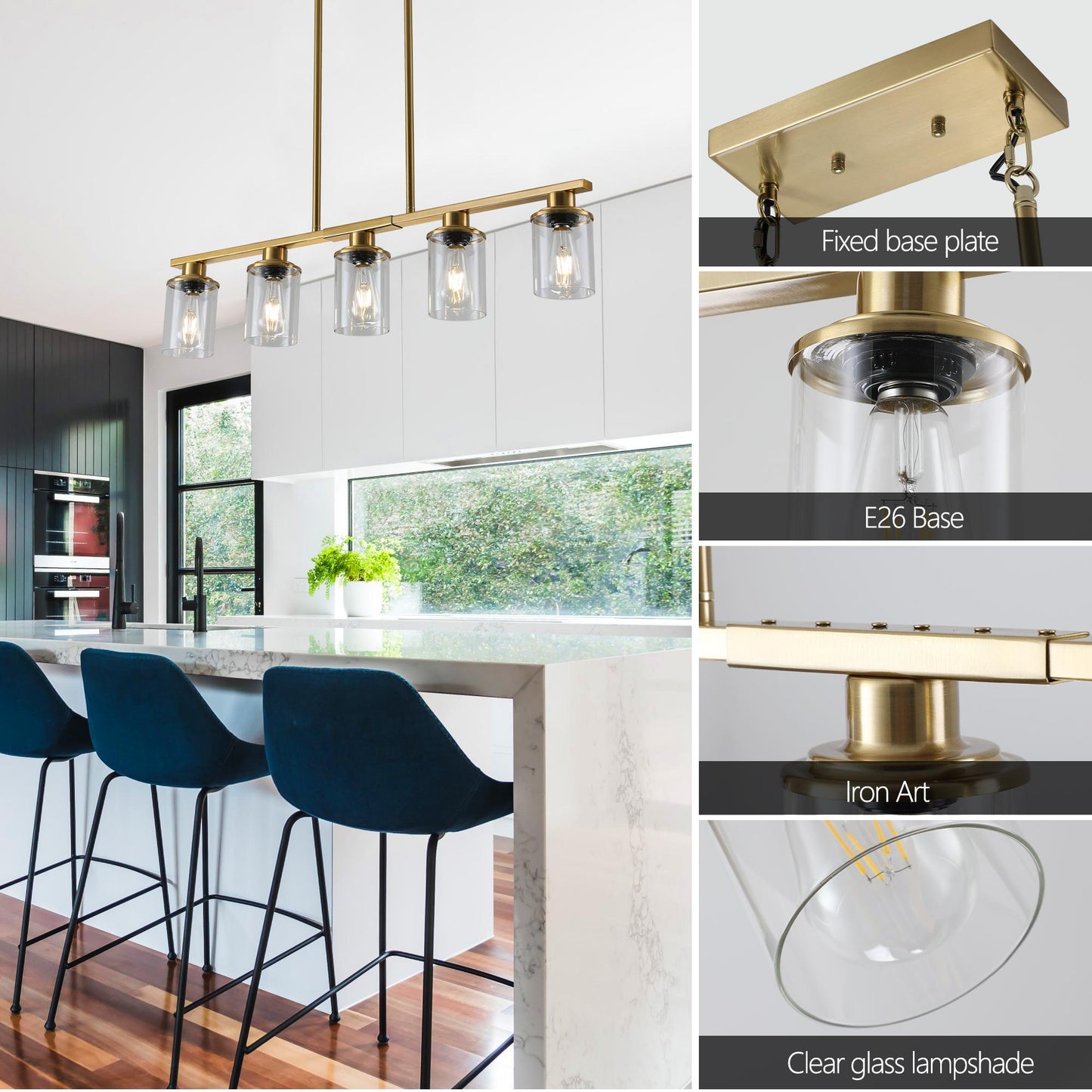 37" Modern Industrial 5-Light Chandelier with Clear Glass Shades, Golden Metal Frame Hanging Ceiling Light Fixture for Dining Room, Kitchen Island, Living Room (No Bulbs)