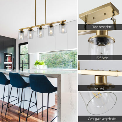 37" Modern Industrial 5-Light Chandelier with Clear Glass Shades, Golden Metal Frame Hanging Ceiling Light Fixture for Dining Room, Kitchen Island, Living Room (No Bulbs)