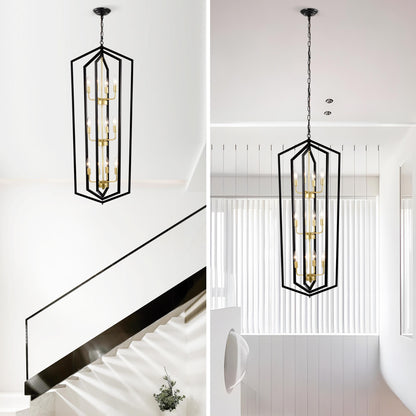 12-Light Lantern Tired Farmhouse Ceiling Hanging Light Black Chandelier Metal Modern Pendant Light Fixtures for Kitchen Island Dining Room Living Room Foyer Entryway(E12 Bulbs Not Included)