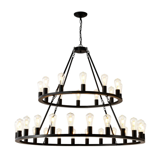48 Inch Black Extra Large Wagon Wheel Chandelier, 2 Tier 36-Lights(No Include) Farmhouse Industrial Round High Ceiling Pendant Light Adjustable Chain, for Dining Room, Living Room,Kitchen