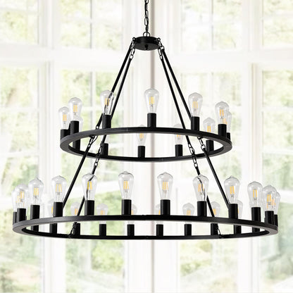48 Inch Black Extra Large Wagon Wheel Chandelier, 2 Tier 36-Lights(No Include) Farmhouse Industrial Round High Ceiling Pendant Light Adjustable Chain, for Dining Room, Living Room,Kitchen