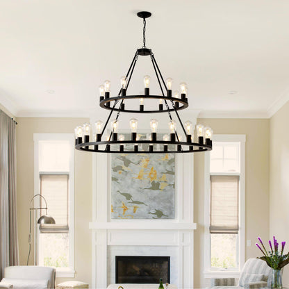 48 Inch Black Extra Large Wagon Wheel Chandelier, 2 Tier 36-Lights(No Include) Farmhouse Industrial Round High Ceiling Pendant Light Adjustable Chain, for Dining Room, Living Room,Kitchen