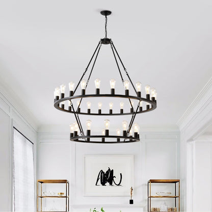 48 Inch Black Extra Large Wagon Wheel Chandelier, 2 Tier 36-Lights(No Include) Farmhouse Industrial Round High Ceiling Pendant Light Adjustable Chain, for Dining Room, Living Room,Kitchen