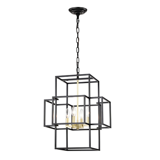 4-Light Metal Lantern Tiered Pendant Hanging Light Fixtures, Industrial Farmhouse Adjustable Height  Chandeliers for Dining Room Hallway Foyer Entryway--Matte Black & Gold (E12 Bulbs Not Included)