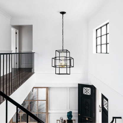 4-Light Metal Lantern Tiered Pendant Hanging Light Fixtures, Industrial Farmhouse Adjustable Height  Chandeliers for Dining Room Hallway Foyer Entryway--Matte Black & Gold (E12 Bulbs Not Included)