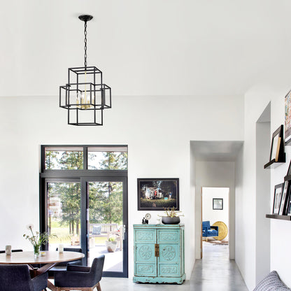 4-Light Metal Lantern Tiered Pendant Hanging Light Fixtures, Industrial Farmhouse Adjustable Height  Chandeliers for Dining Room Hallway Foyer Entryway--Matte Black & Gold (E12 Bulbs Not Included)