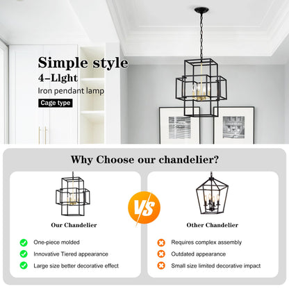 4-Light Metal Lantern Tiered Pendant Hanging Light Fixtures, Industrial Farmhouse Adjustable Height  Chandeliers for Dining Room Hallway Foyer Entryway--Matte Black & Gold (E12 Bulbs Not Included)
