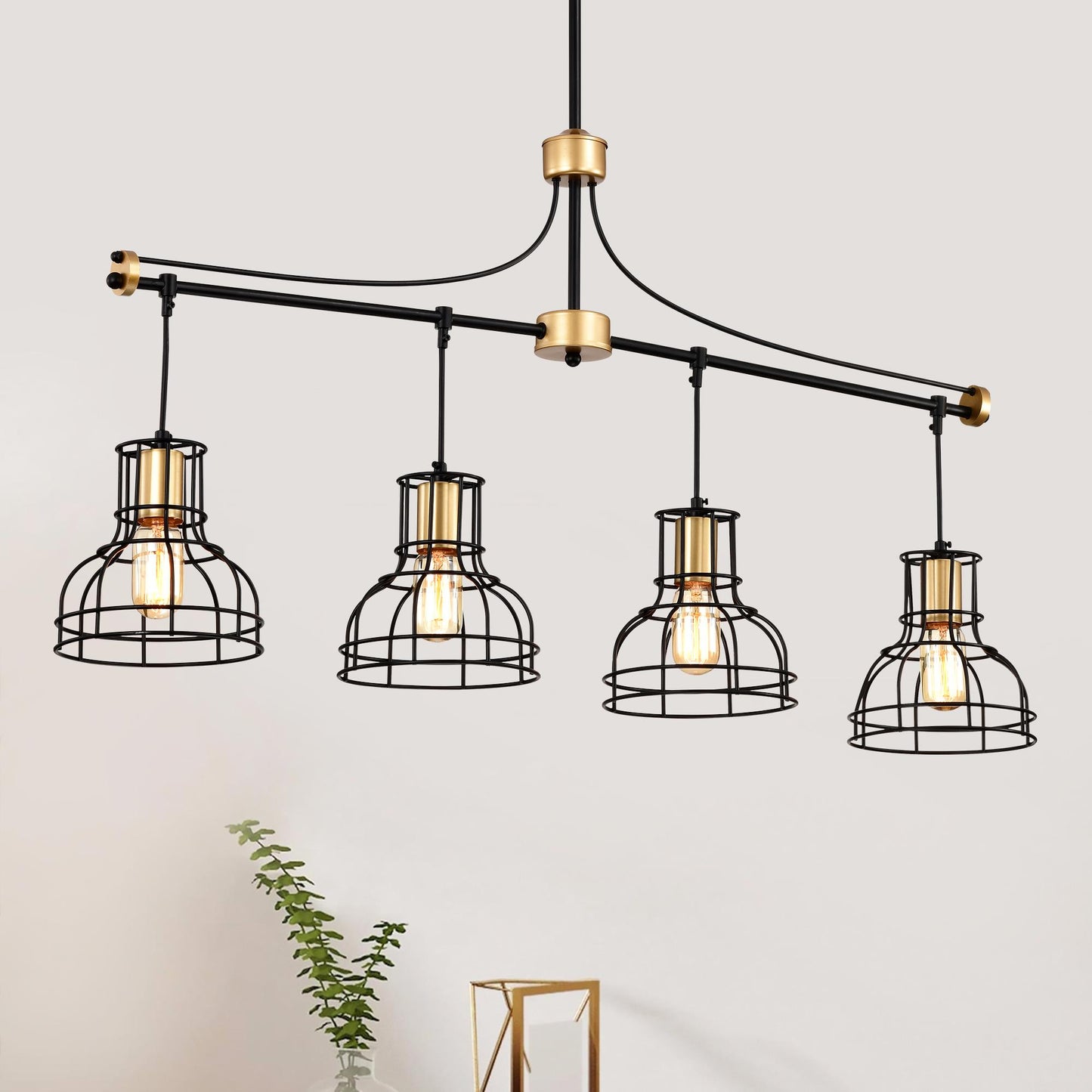 Dining Room Light Fixture/Chandelier Over Table, 40-Inch Hanging for Farmhouse Linear Chandeliers,4-Light Kitchen Island Lighting,Matte Black and Matte Gold Ceiling Chandelier,with Metal lampshade