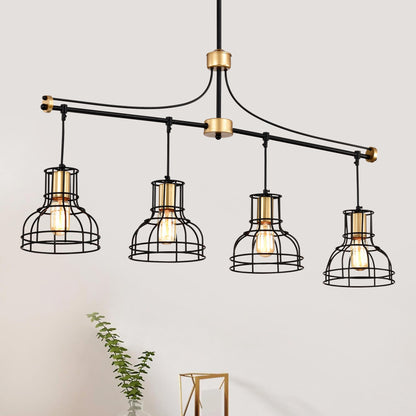 Dining Room Light Fixture/Chandelier Over Table, 40-Inch Hanging for Farmhouse Linear Chandeliers,4-Light Kitchen Island Lighting,Matte Black and Matte Gold Ceiling Chandelier,with Metal lampshade