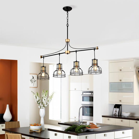 Dining Room Light Fixture/Chandelier Over Table, 40-Inch Hanging for Farmhouse Linear Chandeliers,4-Light Kitchen Island Lighting,Matte Black and Matte Gold Ceiling Chandelier,with Metal lampshade