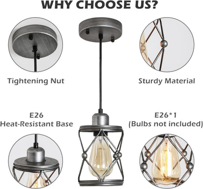 Industrial Pendant Lighting for Kitchen Island, Rustic Mini Cage Pendant Light, Farmhouse Pendant Lamp with Silver Grey Adjustable for Dining Room, Hallway, Entryway, Bedroom