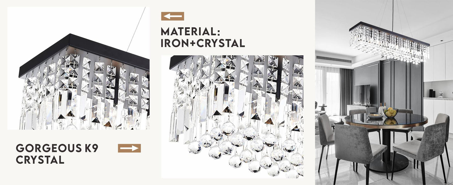 Modern Rectangle K9 Crystal Chandelier, Matte Black Iron E12 Bulb 8-Light Pendant Light For Dining Room Kitchen Room