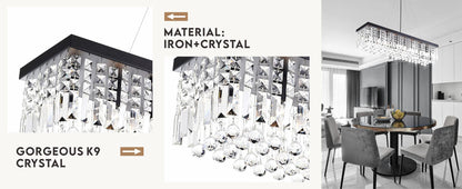 Modern Rectangle K9 Crystal Chandelier, Matte Black Iron E12 Bulb 8-Light Pendant Light For Dining Room Kitchen Room