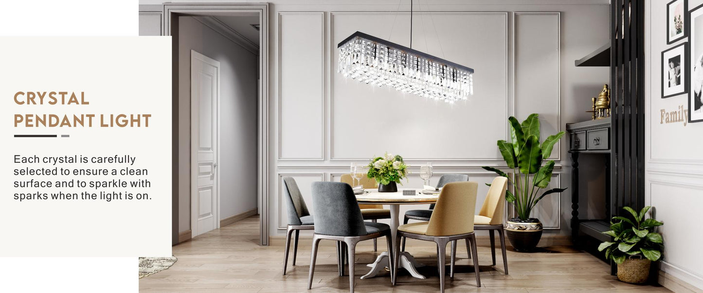 Modern Rectangle K9 Crystal Chandelier, Matte Black Iron E12 Bulb 8-Light Pendant Light For Dining Room Kitchen Room