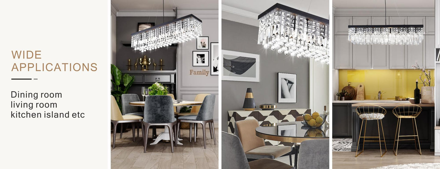 Modern Rectangle K9 Crystal Chandelier, Matte Black Iron E12 Bulb 8-Light Pendant Light For Dining Room Kitchen Room