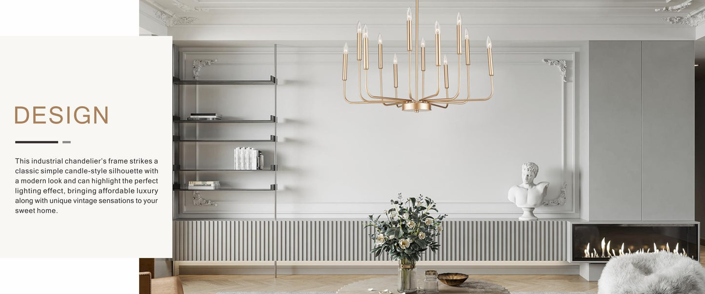 12-Light Modern Gold Farmhouse Iron Chandelier, Adjustable Height E12 Bulb, Classic Candle Hanging Pendant Light For Living Room Dining Room