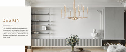 12-Light Modern Gold Farmhouse Iron Chandelier, Adjustable Height E12 Bulb, Classic Candle Hanging Pendant Light For Living Room Dining Room