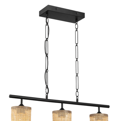 Elysian Three Lights Island With Natural Rattan Shade Farmhouse Chain Ceiling Lamp