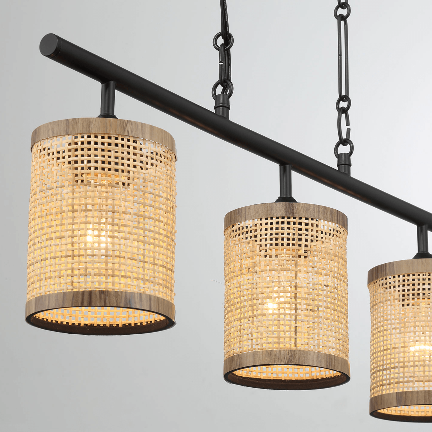 Elysian Three Lights Island With Natural Rattan Shade Farmhouse Chain Ceiling Lamp