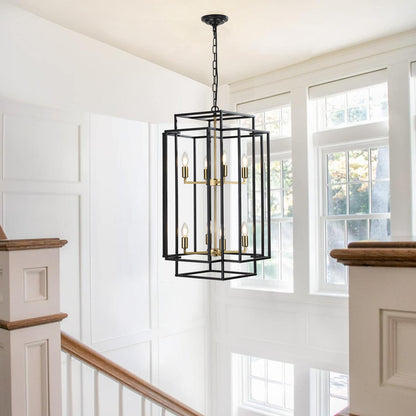 (Same as W1340142524/L1018-G) 18" Modern 8-Light Black Gold Geometric Pendant Chandelier, Industrial Metal Frame, Adjustable Hanging Light for Living Room, Dining Room, Kitchen (No Bulbs)