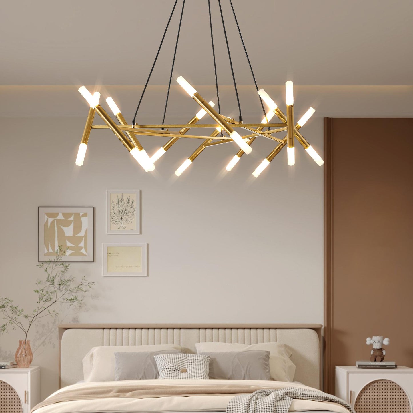 41" Golden Modern Chandelier Light Fixture, Branch Design with Frosted Tubes, Black Cords, Adjustable Height Pendant Light for Dining Room, Living Room, or Kitchen Island (Bulb Not Included)