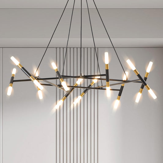 41" Black & Golden Modern Chandelier Light Fixture, Branch Design with Frosted Tubes, Black Cords, Adjustable Height Pendant Light for Dining Room, Living Room, or Kitchen Island (Bulb Not Included)