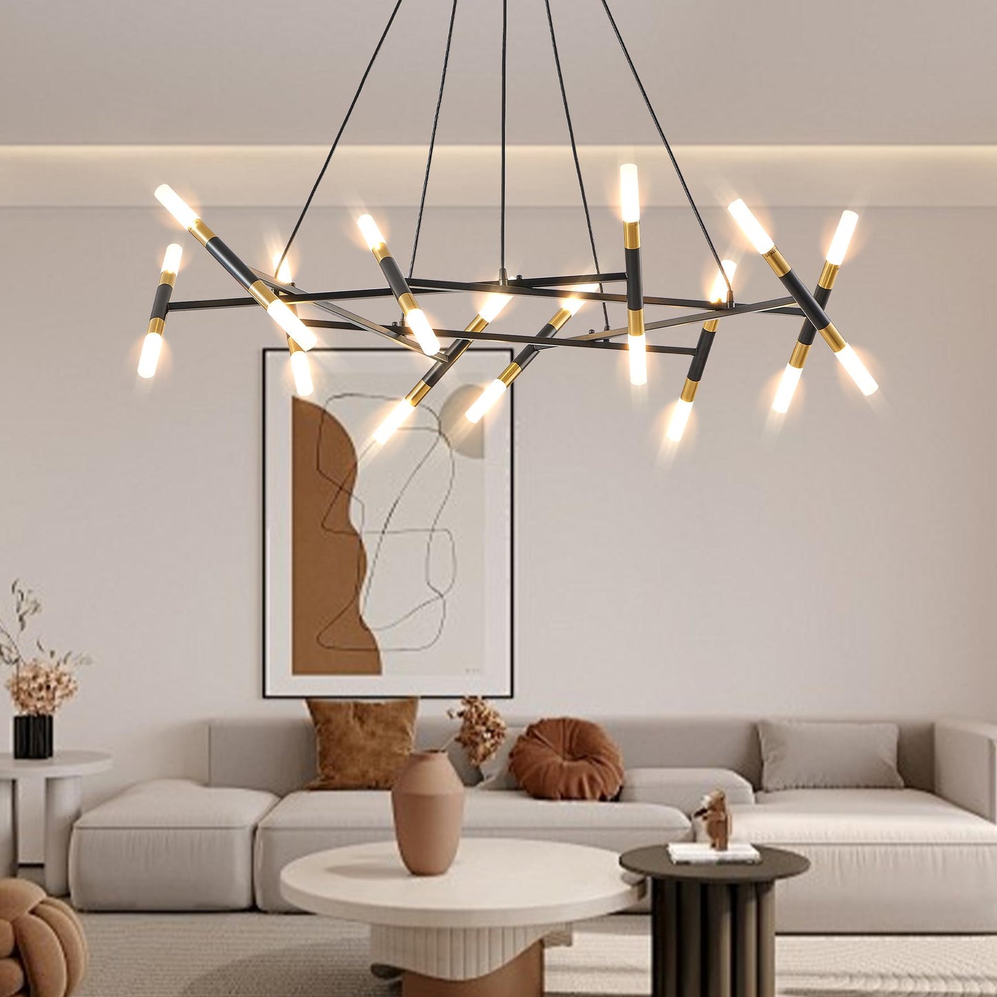 41" Black & Golden Modern Chandelier Light Fixture, Branch Design with Frosted Tubes, Black Cords, Adjustable Height Pendant Light for Dining Room, Living Room, or Kitchen Island (Bulb Not Included)