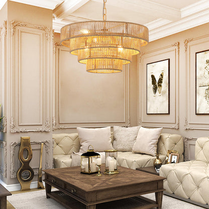 (Same as W1340P155976/L1019-4) 20" Modern 4-Layer Woven Hemp Rope Chandelier, Boho Style Pendant Light, Elegant Hanging Light Fixture for Living Room, Dining Room, Bedroom (No Bulbs)