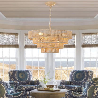 (Same as W1340P155976/L1019-4) 20" Modern 4-Layer Woven Hemp Rope Chandelier, Boho Style Pendant Light, Elegant Hanging Light Fixture for Living Room, Dining Room, Bedroom (No Bulbs)