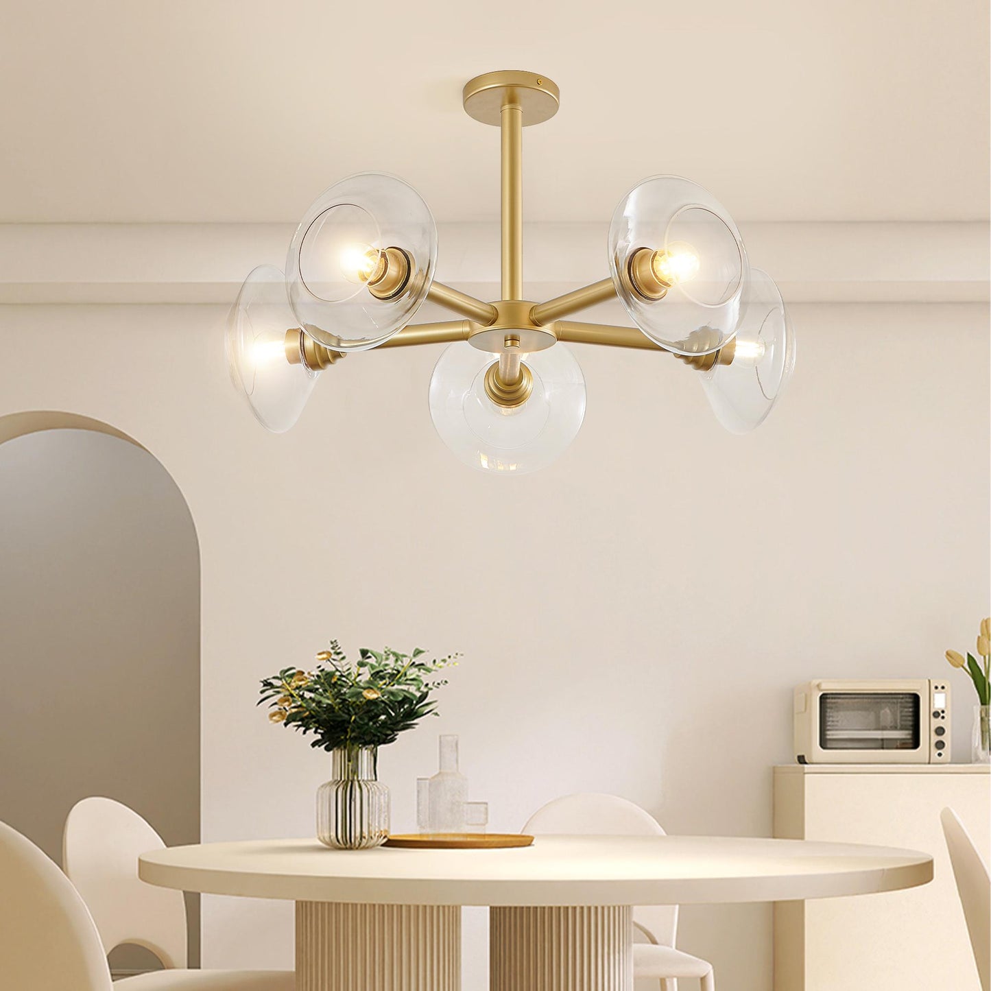 26" Modern Gold 5-Light Sputnik Chandelier with Clear Glass Shades, Mid-Century Hanging Pendant Light Fixture for Dining Room, Living Room, or Kitchen (Bulb Not Included)