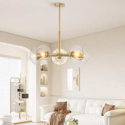 26" Modern Gold 5-Light Sputnik Chandelier with Clear Glass Shades, Mid-Century Hanging Pendant Light Fixture for Dining Room, Living Room, or Kitchen (Bulb Not Included)