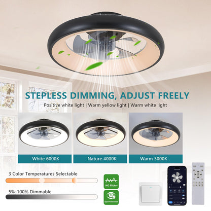 20" Black LED Ceiling Fan Light – Dimmable & Adjustable Color Temperature, APP & Remote Control, Modern Smart Ceiling Fan for Living Room, Bedroom, and Dining Room (Silent/6-Speed/Reversible/DC Motor)