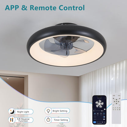 20" Black LED Ceiling Fan Light – Dimmable & Adjustable Color Temperature, APP & Remote Control, Modern Smart Ceiling Fan for Living Room, Bedroom, and Dining Room (Silent/6-Speed/Reversible/DC Motor)