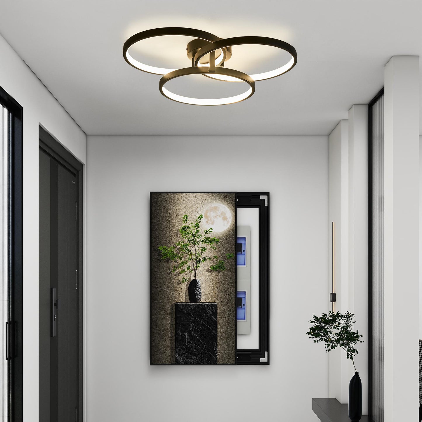 20" Modern Black LED Ceiling Light, 3-Ring Flush Mount Fixture for Living Room, Bedroom, or Dining Room, Sleek and Energy-Efficient Design, Easy Installation