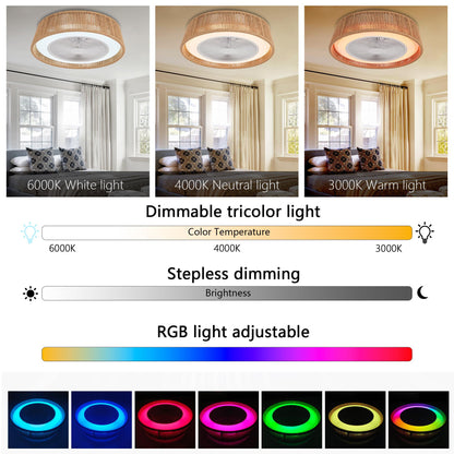 21" Modern Rustic Ceiling Fan Light with LED RGB Mood Lighting, Rope Woven Design, Quiet Fan, Semi Flush Mount for Bedroom, Living Room, or Dining Room ((Silent/6-Speed/Reversible/DC Motor))