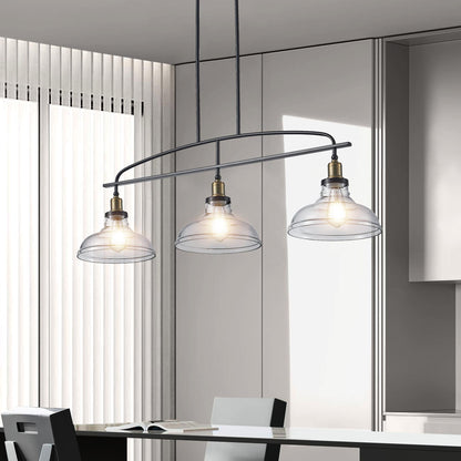 45" Industrial 3-Light Pendant Chandelier with Clear Glass Shades, Black Metal Frame, Adjustable Height, Modern Farmhouse Lighting for Kitchen Island, Dining Room, or Living Room (Bulb Not Included)