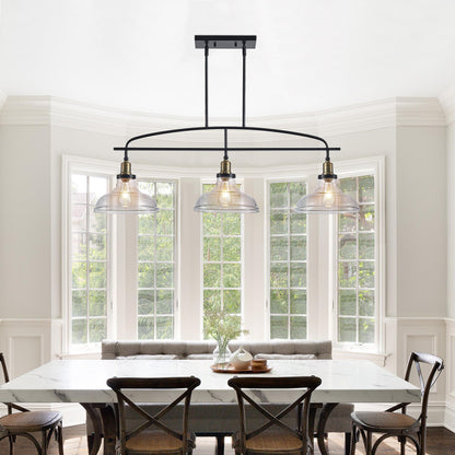 45" Industrial 3-Light Pendant Chandelier with Clear Glass Shades, Black Metal Frame, Adjustable Height, Modern Farmhouse Lighting for Kitchen Island, Dining Room, or Living Room (Bulb Not Included)