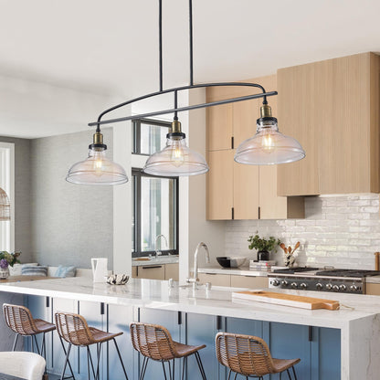 45" Industrial 3-Light Pendant Chandelier with Clear Glass Shades, Black Metal Frame, Adjustable Height, Modern Farmhouse Lighting for Kitchen Island, Dining Room, or Living Room (Bulb Not Included)