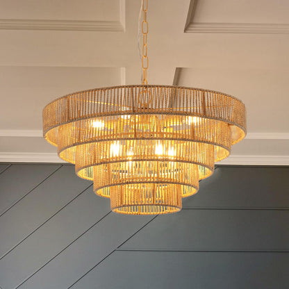 (Same as W1340P155977/L1019-5) 24" Modern 5-Layer Woven Hemp Rope Chandelier, Boho Style Pendant Light, Elegant Hanging Light Fixture for Living Room, Dining Room, Bedroom (No Bulbs)