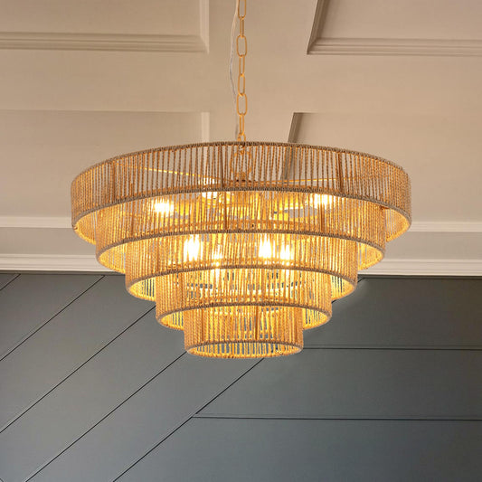 (Same as W1340P155977/L1019-5) 24" Modern 5-Layer Woven Hemp Rope Chandelier, Boho Style Pendant Light, Elegant Hanging Light Fixture for Living Room, Dining Room, Bedroom (No Bulbs)