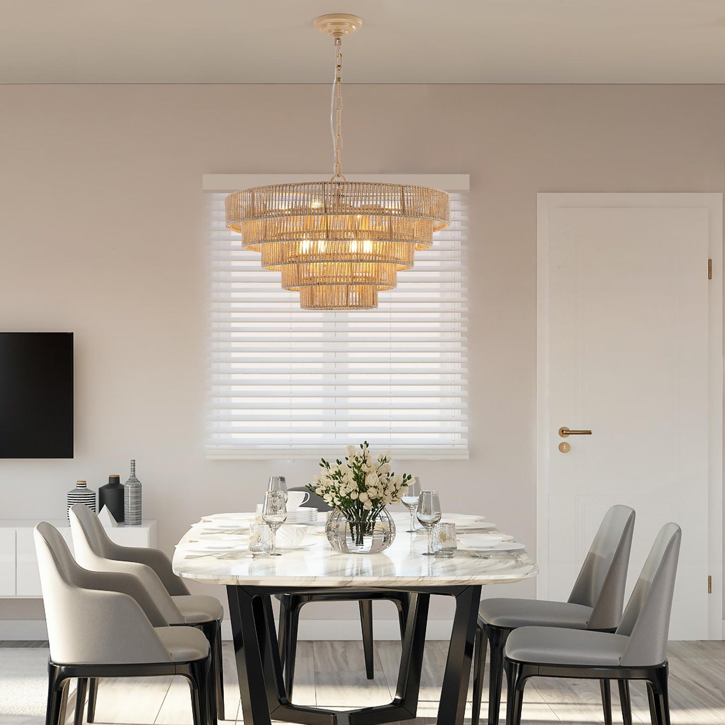 (Same as W1340P155977/L1019-5) 24" Modern 5-Layer Woven Hemp Rope Chandelier, Boho Style Pendant Light, Elegant Hanging Light Fixture for Living Room, Dining Room, Bedroom (No Bulbs)