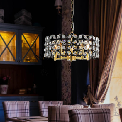 19" Geometric Crystal and BlackGold Round Pendant Chandelier – Modern 5-Light Fixture for Dining Room, Living Room, or Kitchen (Bulb Not Included)