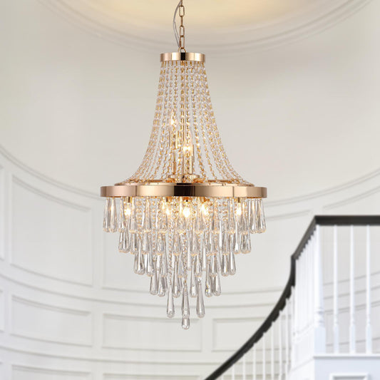 (Same as W1340102274/L5004) 20" Modern Crystal Pendant Chandelier with Golden Finish – Elegant 11-Light Hanging Light Fixture Tiered Design for Dining Room, Living Room, or Entryway (No Bulbs)