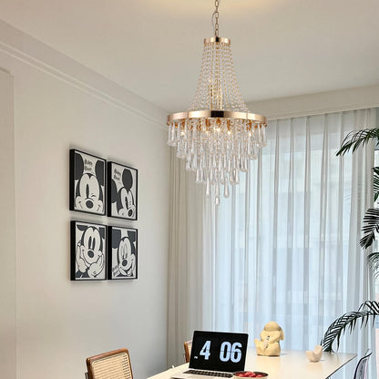 (Same as W1340102274/L5004) 20" Modern Crystal Pendant Chandelier with Golden Finish – Elegant 11-Light Hanging Light Fixture Tiered Design for Dining Room, Living Room, or Entryway (No Bulbs)